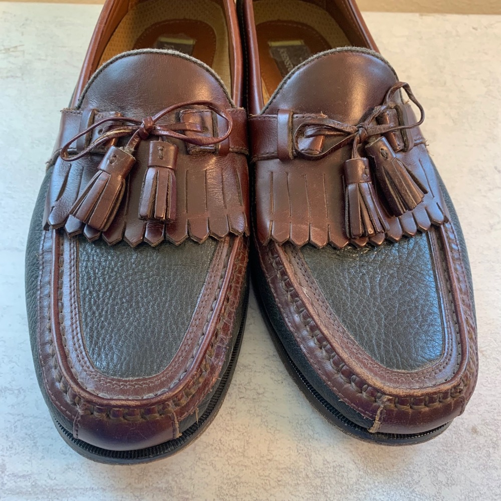Johnston & Murphy Mens 10.5 M Kiltie Tassel Loafers Brown Black Handcrafted USA
